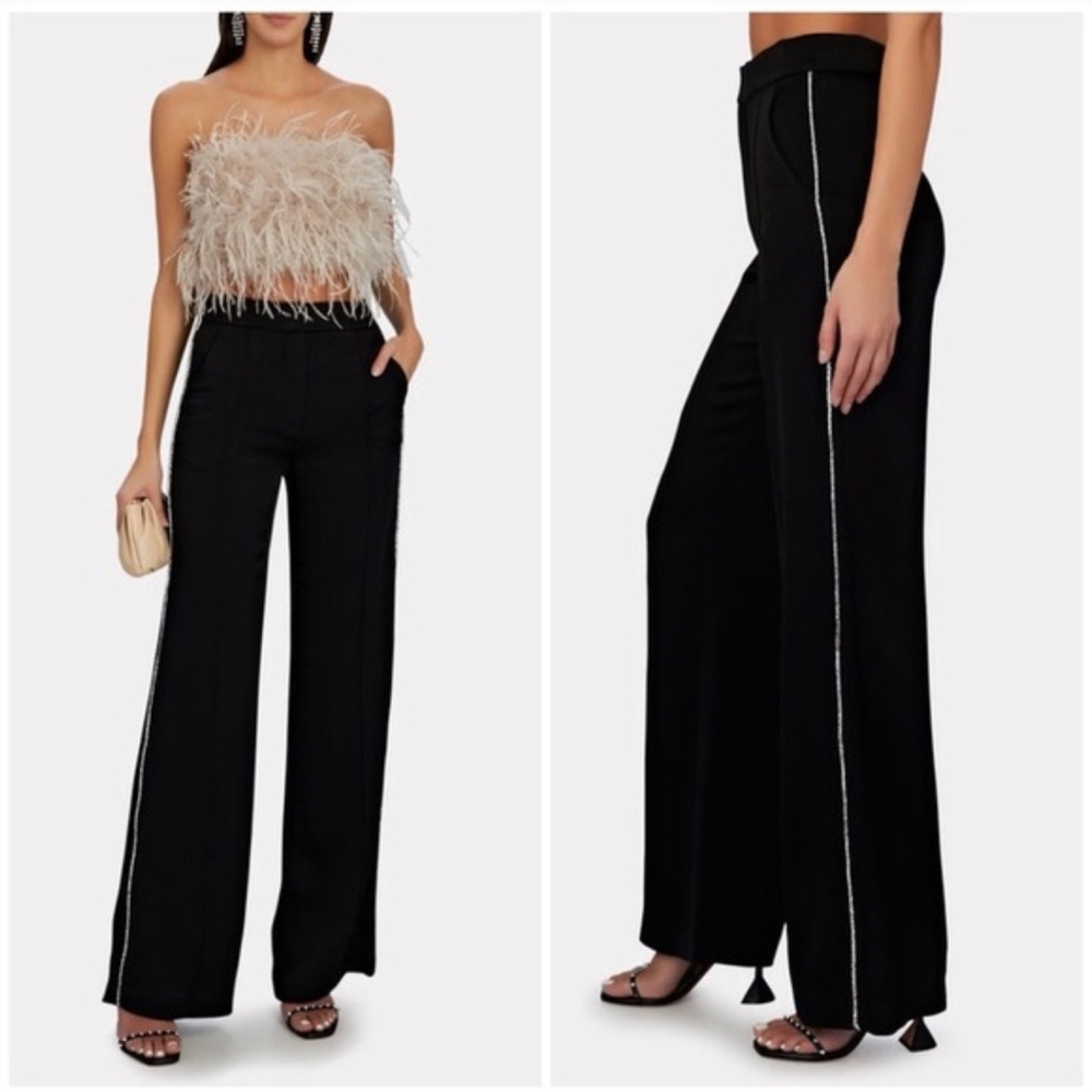VERONICA BEARD Millicent‎ Crystal-Trimmed Wide-Leg Side-Stripe Satin Pants $498